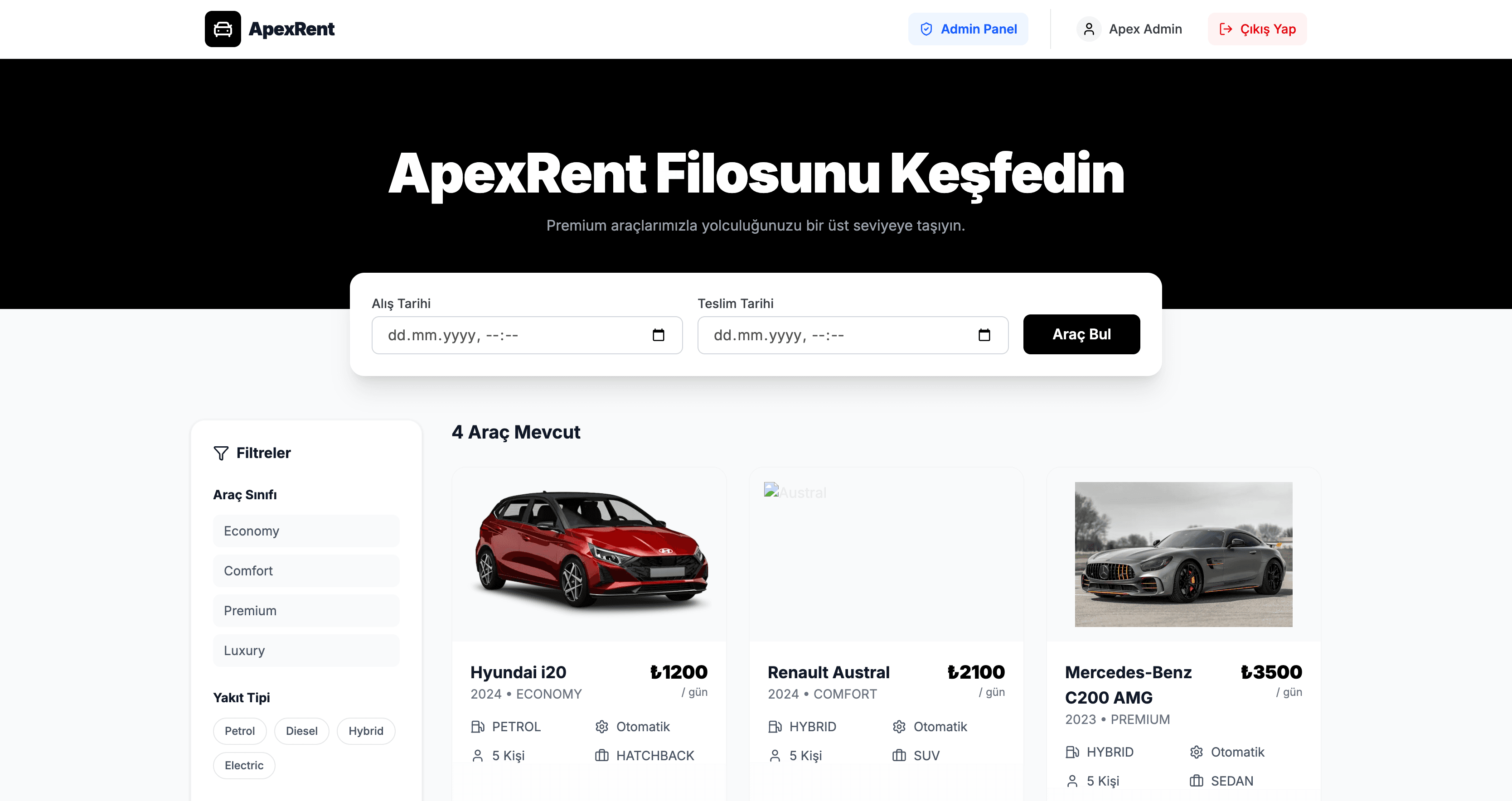 Apex Rent - Profesyonel Araç Kiralama & Yönetim Sistemi ekran görüntüsü