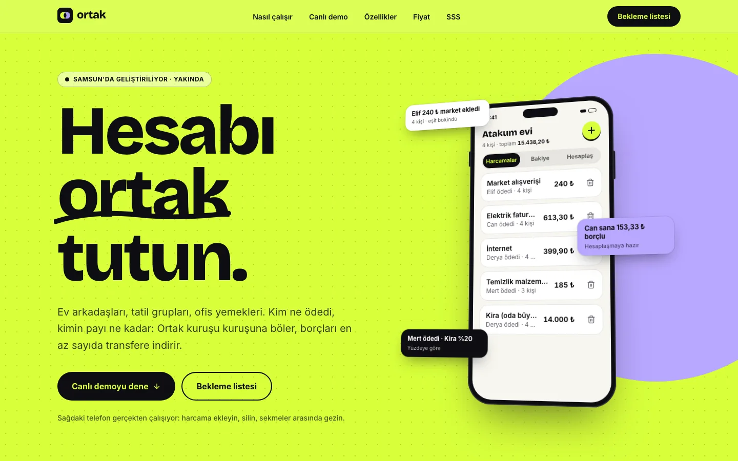 Ortak — Harcama Bölüşme Uygulaması Tanıtım Sitesi ekran görüntüsü