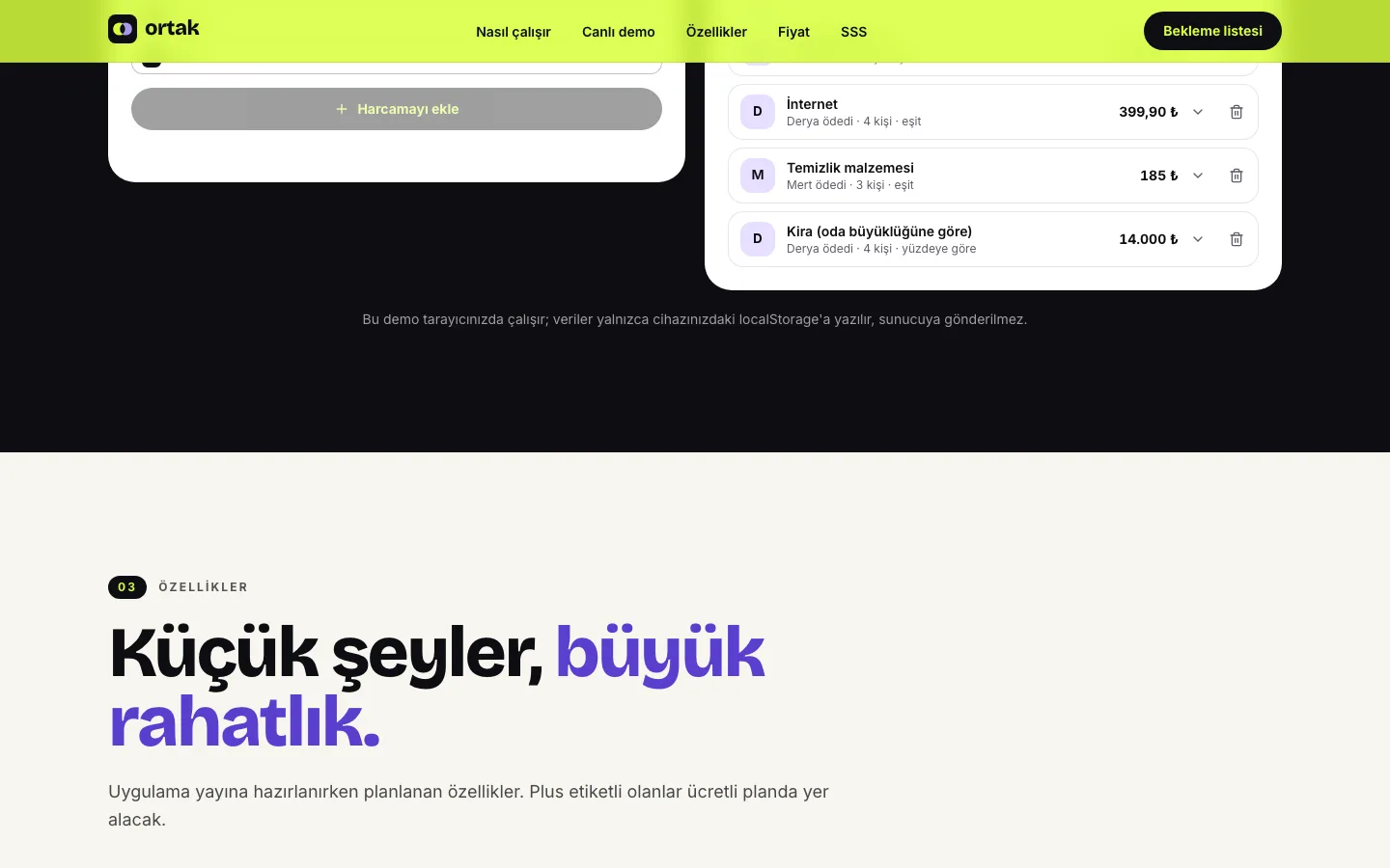 Ortak — Harcama Bölüşme Uygulaması Tanıtım Sitesi ekran görüntüsü 4