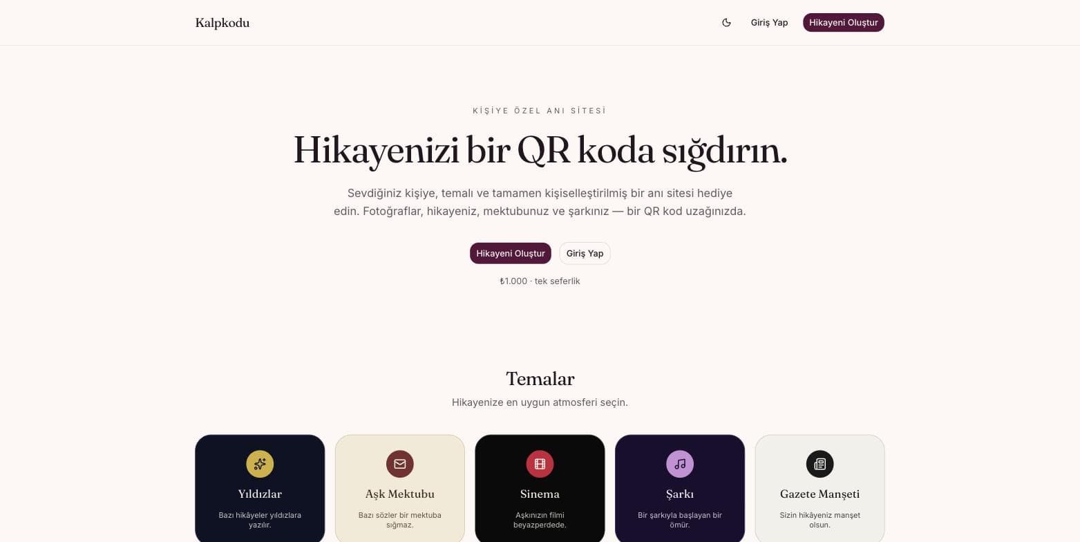 Kalpkodu — Kişiye Özel Anı Sitesi ana ekran