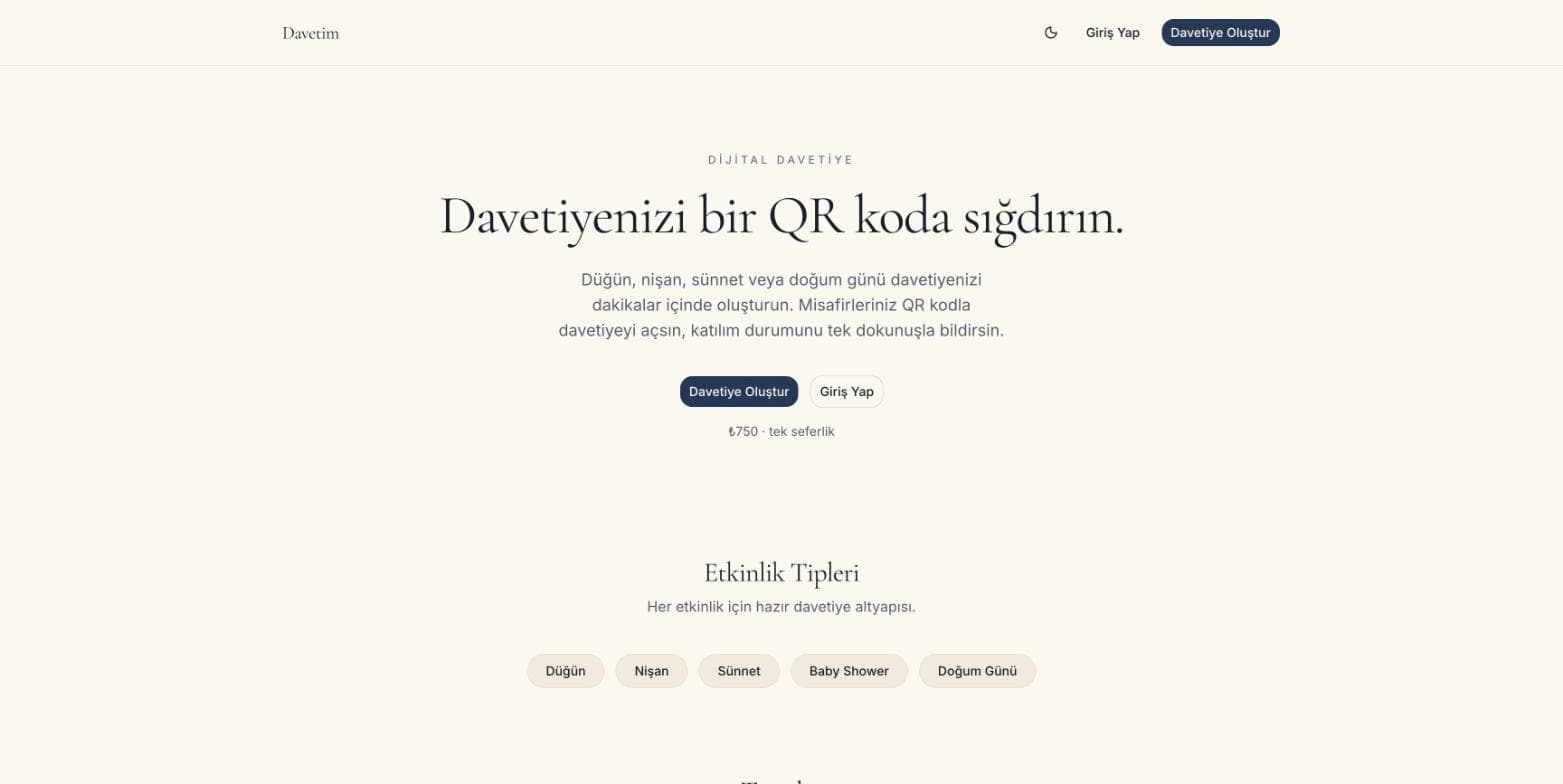Davetim — Dijital Davetiye SaaS ana ekran