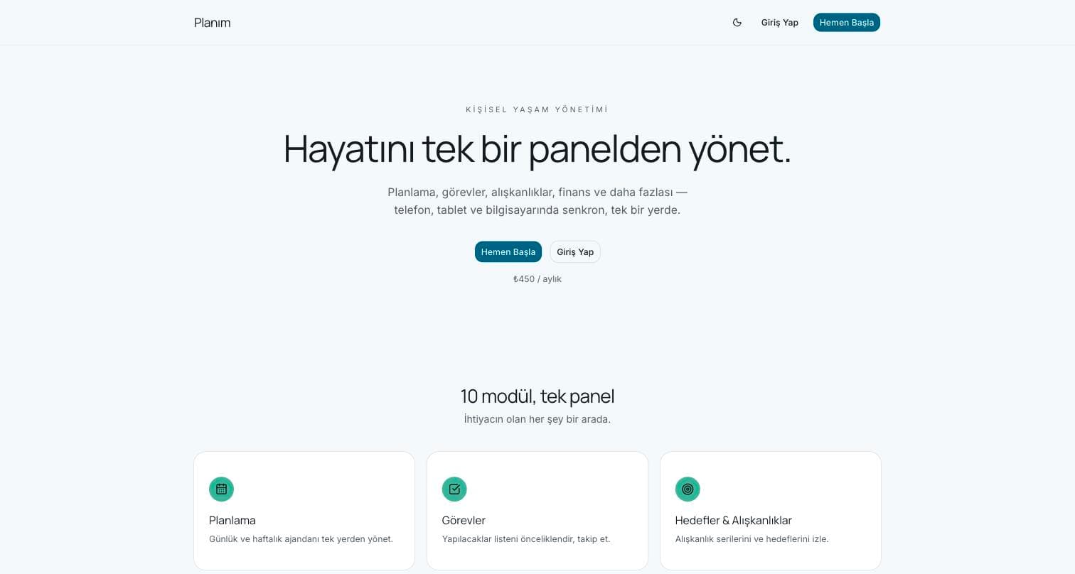Planım — Kişisel Yaşam Yönetimi SaaS ana ekran