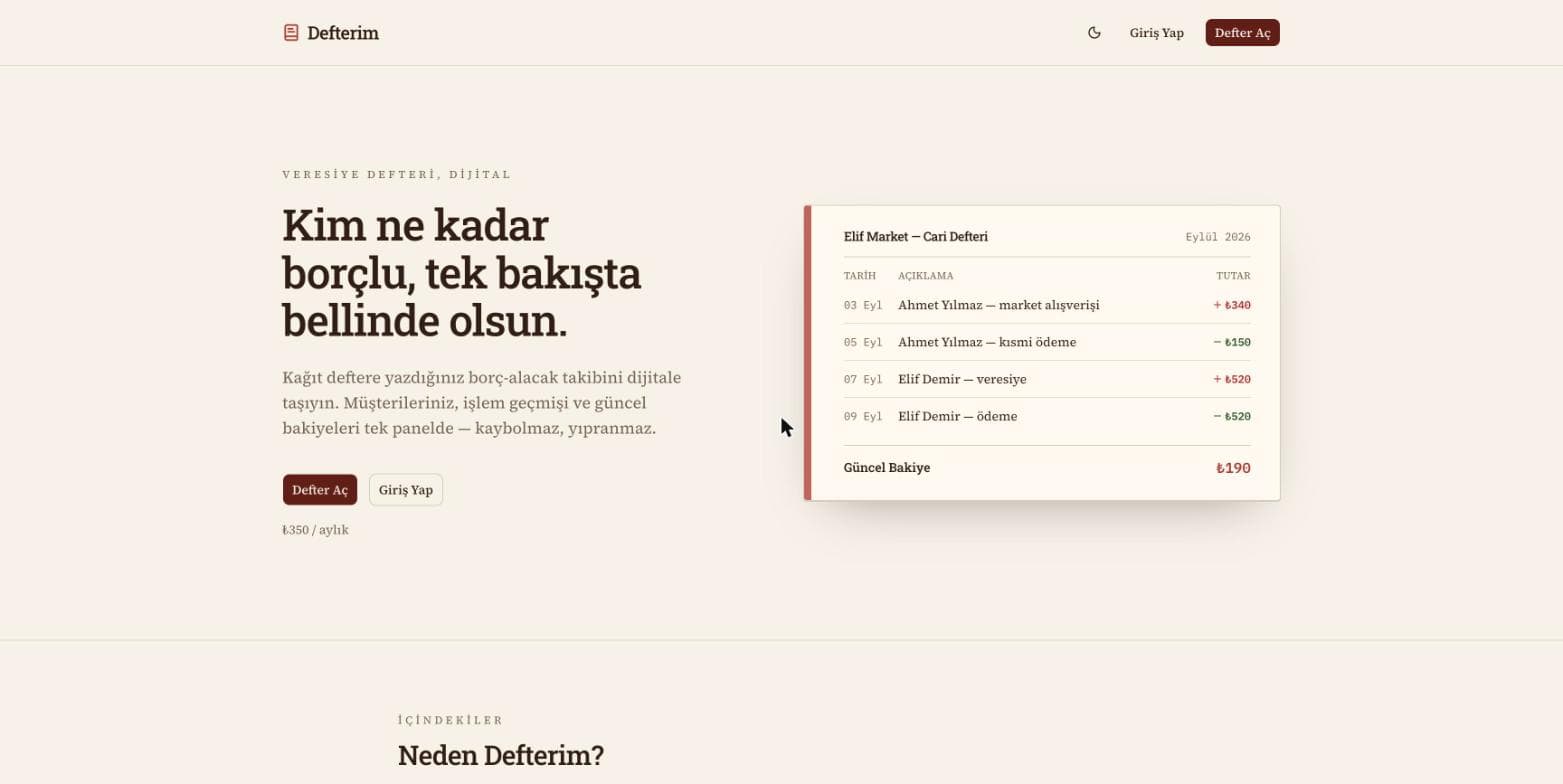 Defterim — Dijital Veresiye Defteri SaaS ana ekran